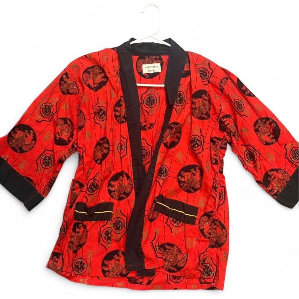 Vintage 60s Pleetway Kimojama Kimono Robe Red Black Asian Print 100% Cotton
